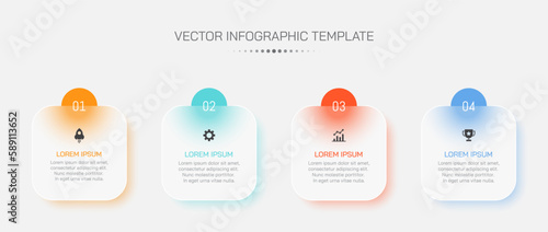 Infographic design with 4 steps. Business timeline chart template. Glass morphism effect.