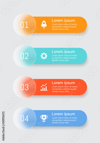 Infographic design with 4 steps. Business timeline chart template. Glass morphism effect.