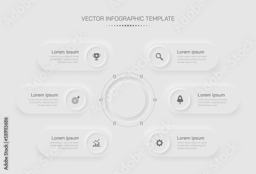 6 step timeline infographic template. Neumorphism minimalisctic design.