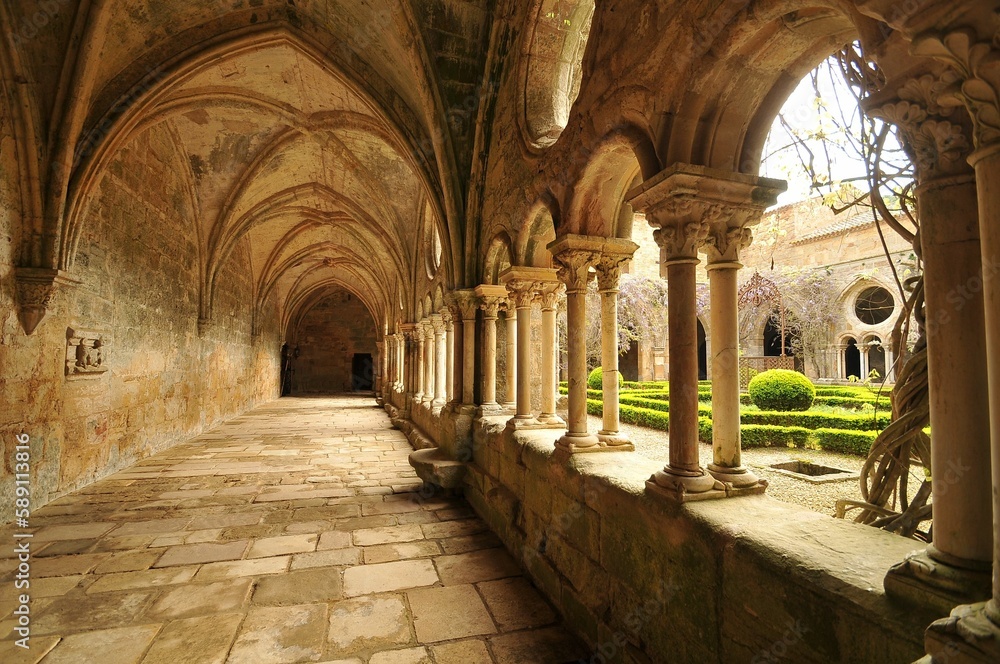 View of the Fontfroide Abbey with cloister and inner courtyard, Languedoc-Roussillon, France