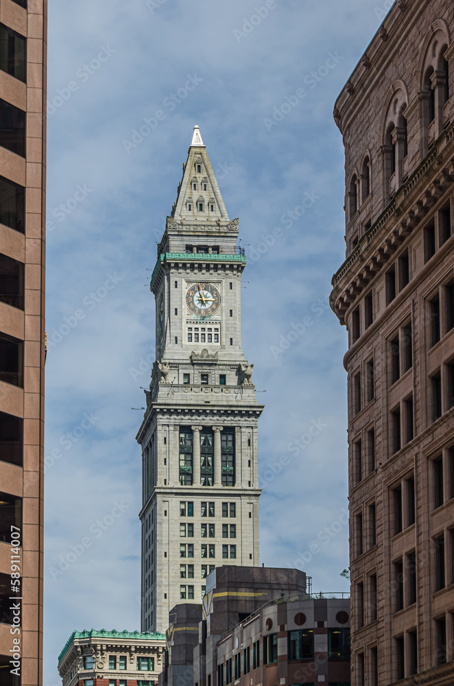 Old Custom House tower and clock in Boston Financial District, Massachusetts, New England, USA