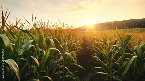 Print op canvas AI generated Corn field at sunset