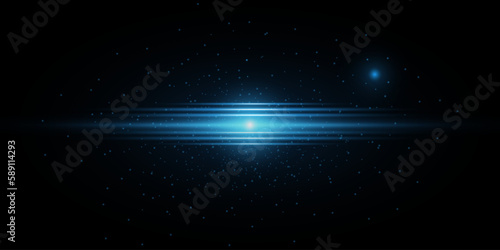 Abstract blue light effect isolated on black background. Bright flash with rays. Flare and glare. Flying glowing dust. Light energy with sparks. Vector illustration. EPS 10