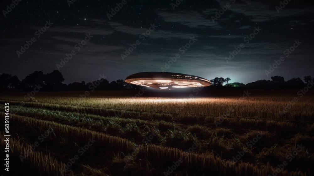 Fototapeta premium UFO alien ship low over the field at night. AI generative.