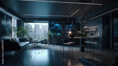 Experience the Next Level Living in a High-Tech Apartment with ChatGPT's Virtual Assistants and HUID Interfaces - Sleek and Futuristic Desig, Generative AI