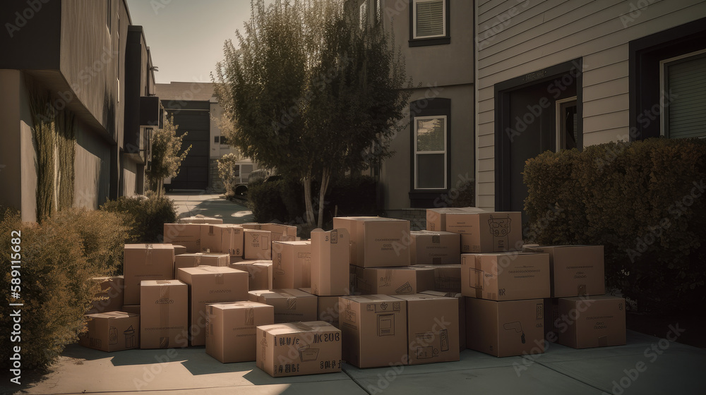 a big bunch of boxes delivered to a house. very large purchases or moving. ai generative