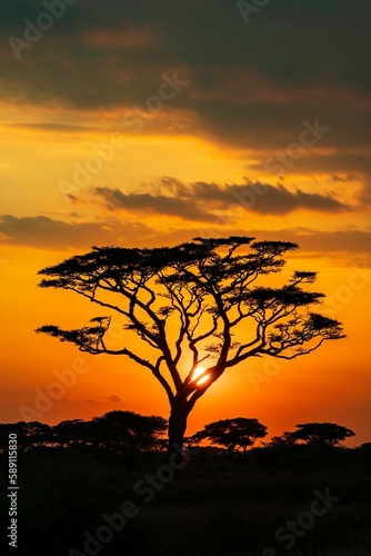 Silhouette shot of a tree on the field under orange sunset sky, vertical shot