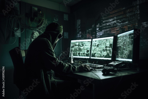 a cyberpunk hacking the internet in a darkroom, generative Ai