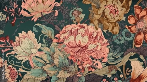 Beautiful fantasy vintage wallpaper different botanical flower bunch, vintage motif for floral print digital background Generative AI