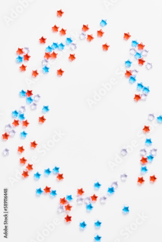 4th of July American Independence Day decorations on white background. flat lay minimalistic compositions, space for text