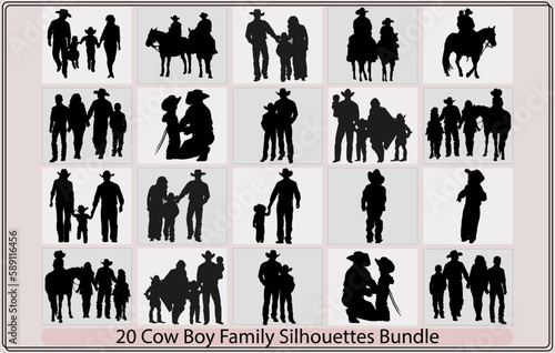 boy and girl wearing cowboy hats riding running horses with their father - ranch kids black and white vector silhouette design set,silhouette of cowboy dad holding boy,silhouette cowboy and girl ridin photo