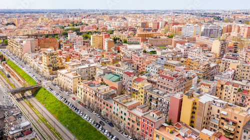 Fototapeta Naklejka Na Ścianę i Meble -  Aerial view of the Pigneto district in Rome, Italy. It is a residential area with many buildings and near the railway tracks.
