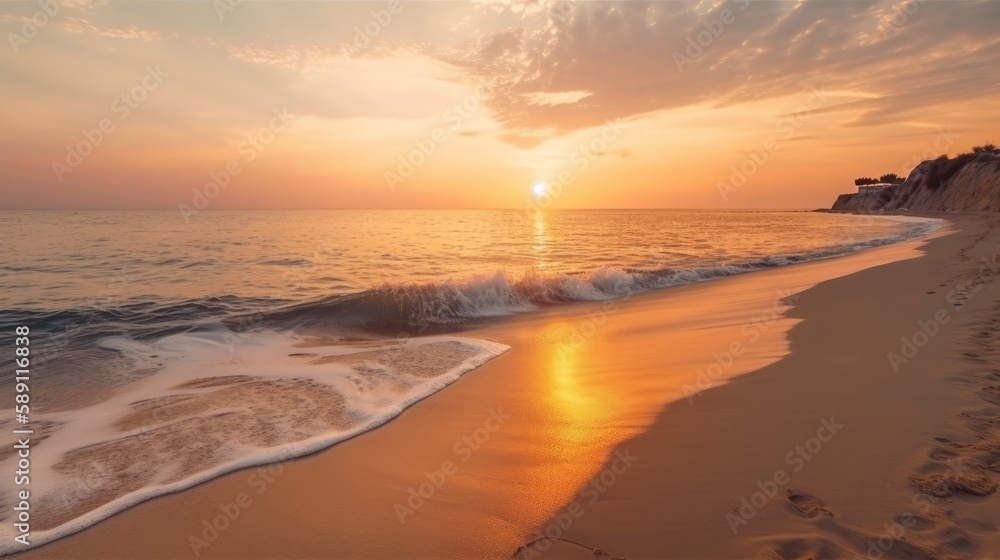 Beautiful sunset on the sea beach with sand. AI generative