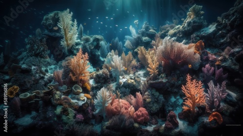 Beautiful seabed with corals. AI generative.