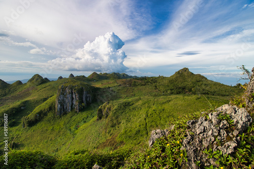 Osmena Peak in the Philipines, green landscape in the mountains. A mountain view from Cebu island. Osmeña Peak. Clouds in Filipinas. landscape 