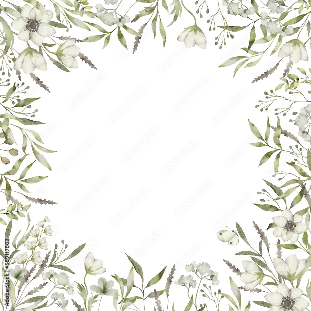 Floral frame square with space in the center. Wild field graceful herbs. Green leaves, field flowers isolated on white background. Botanical watercolor illustration for design, print or background