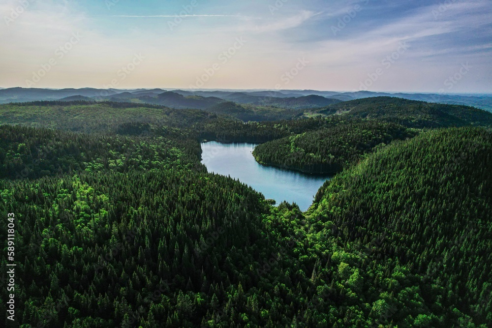 Beautiful view of a lake in the middle of a forest with green trees during sunrise Beautiful view of a lake in the middle of a forest with green trees during sunrise