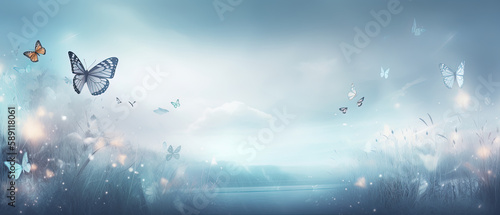 Flying butterflies on blurred background in soft colors in a fantasy world © IonelV