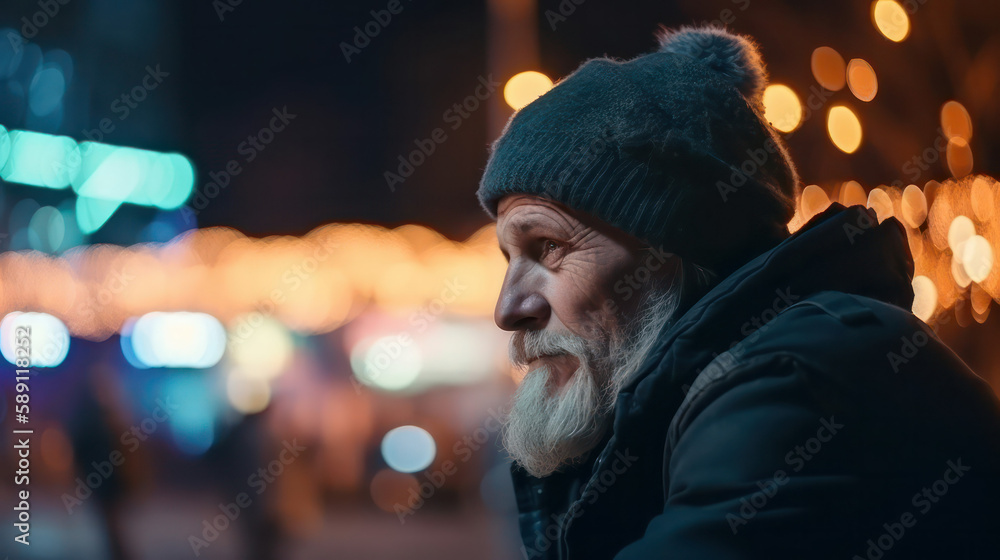 a sad homeless man sits on the street against the backdrop of a bright festive illumination of the city. the concept of helping the poor and the homeless. Generative AI