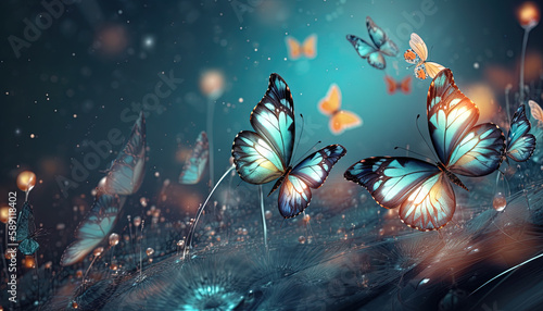 Concept of fantasy world. Flying butterflies in a fantasy world