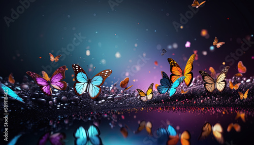 Flying butterflies on blurred background in soft colors in a fantasy world