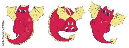 PrintReady Red Dragoncat Collection. Adorable Kitties with Wings and Tails in Various Poses Clipart