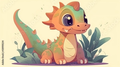 Cute funny dinosaur in cartoon style. AI generative. © vadymstock
