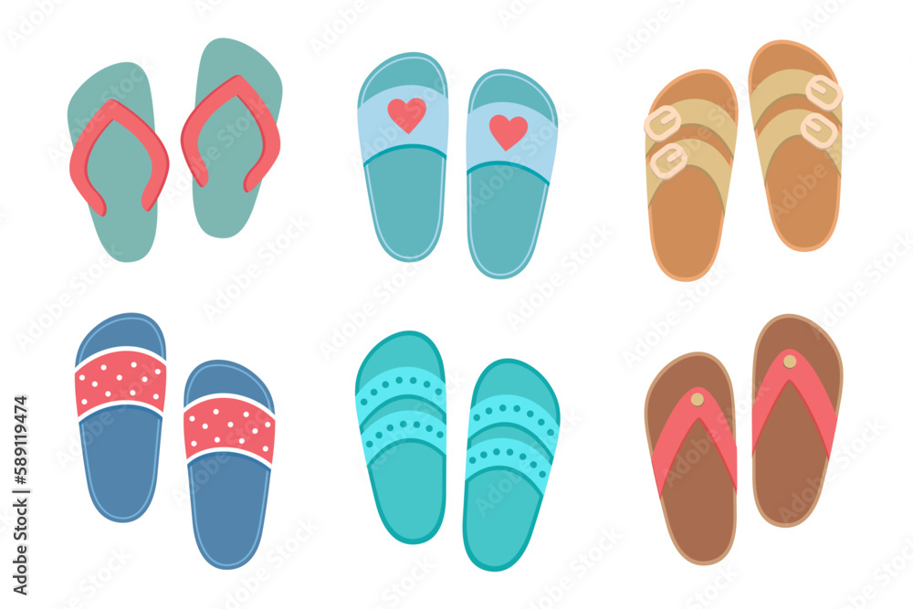 Flip flops set, collection of cute colorful female shoes for summer design. Vector cartoon illustration isolated on white. Flat design. Flip flops set, collection of cute colorful female shoes for summer design. Vector cartoon illustration isolated on white. Flat design.