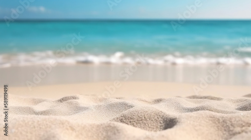 White sandy beach on background of torqouise ocean and blue sky. Based on Generative AI photo