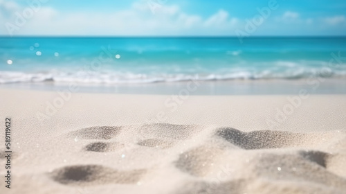 White sandy beach on background of torqouise ocean and blue sky. Based on Generative AI © Yeti Studio