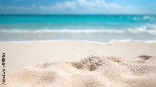 White sandy beach on background of torqouise ocean and blue sky. Based on Generative AI