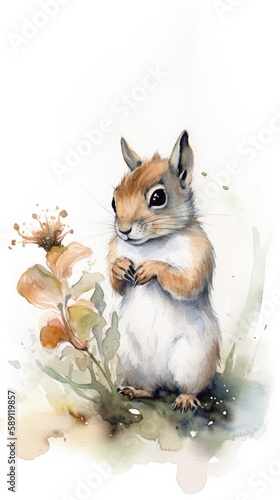 Floral flair, watercolor paintings of squirrel with blossom embellishments, generative AI © ibhonk