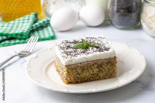 A dessert from traditional Turkish cuisine; Poppy cake, sweet. (Turkish name; Hashasli revani - has hasli kek) photo