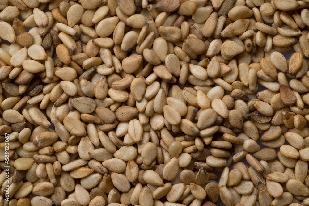 Pile of white sesame seeds as a background, top view Pile of white sesame seeds as a background, top view