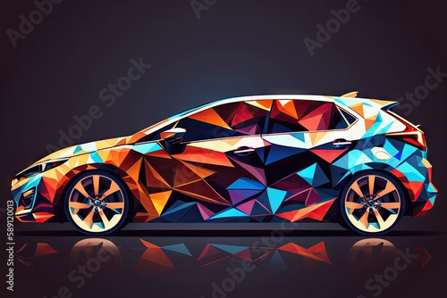 Abstract colorful polygon modern car on a black background. ai generative
