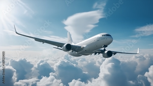 Flying  white plane against a blue sky with white clouds. Side view. The concept of tourism  flights  vacations