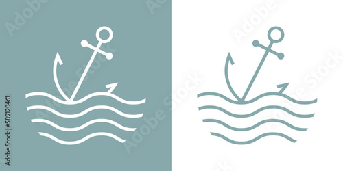 Logo Nautical. Ancla de barco lineal con olas de mar