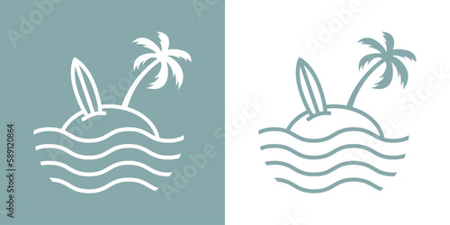 Logo club de surf. Destino de vacaciones. Tabla de surf lineal en arena de playa en isla con la palma con olas de mar