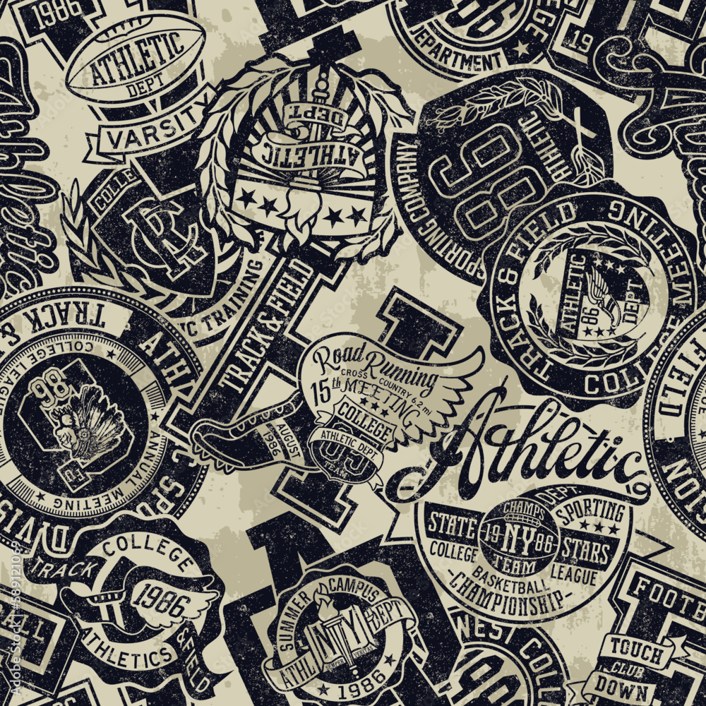 College athletic department vintage badges and symbols patchwork vector seamless pattern grunge effect in separate layer