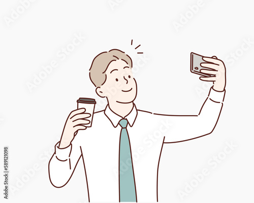Handsome Business man take a selfie of himself with smartphone. Hand drawn style vector design illustrations.