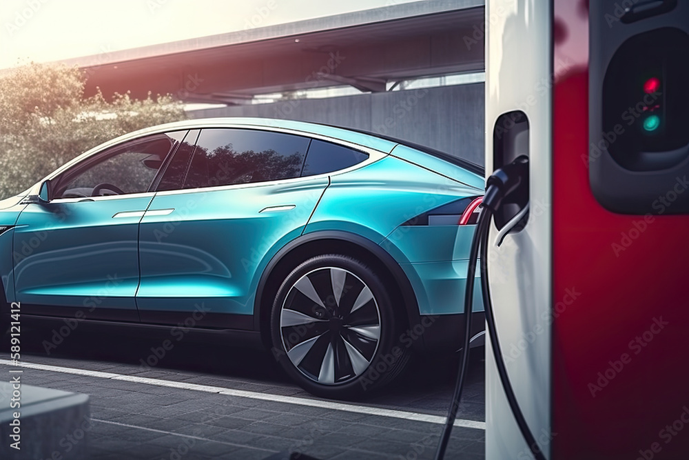 Electric car at the charging station. The concept of clean sustainable energy. Generative AI Electric car at the charging station. The concept of clean sustainable energy. Generative AI