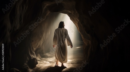 Jesus Christ in white clothes coming out from the cave. Resurrection of Jesus. AI generative.