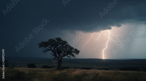 Lightning strikes a lonely tree. AI generative.