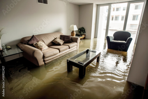 Flooded apartment with a lot of water on the floor. Created with Generative AI technology.