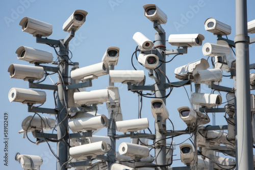 Total control and surveillance concept with security surveillance cameras. Created with Generative AI technology.