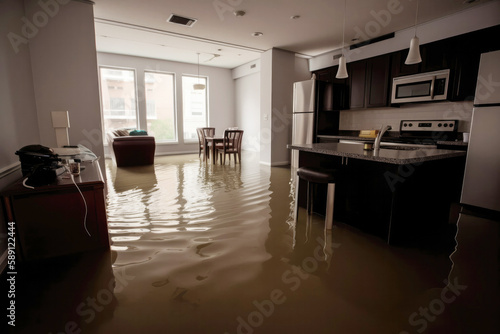 Flooded apartment with a lot of water on the floor. Created with Generative AI technology.