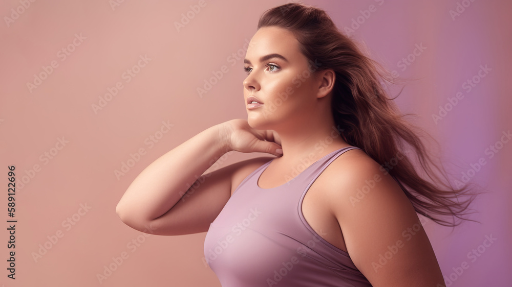 A fictional person. Confident Plus-Size Fitness Model Posed Against Soft Pastel Background A fictional person. Confident Plus-Size Fitness Model Posed Against Soft Pastel Background