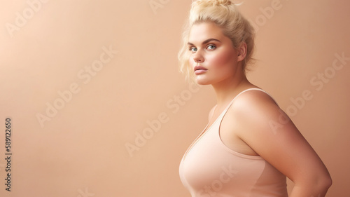 A fictional person. Confident Plus-Size Fitness Model Posed Against Soft Pastel Background