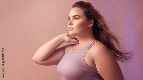 A fictional person. Confident Plus-Size Fitness Model Posed Against Soft Pastel Background