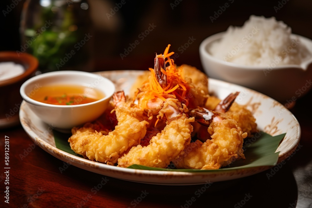 Coconut shrimp, served with sweet chili dipping sauce and a jasmine rice - food products created with generative AI technology Coconut shrimp, served with sweet chili dipping sauce and a jasmine rice - food products created with generative AI technology
